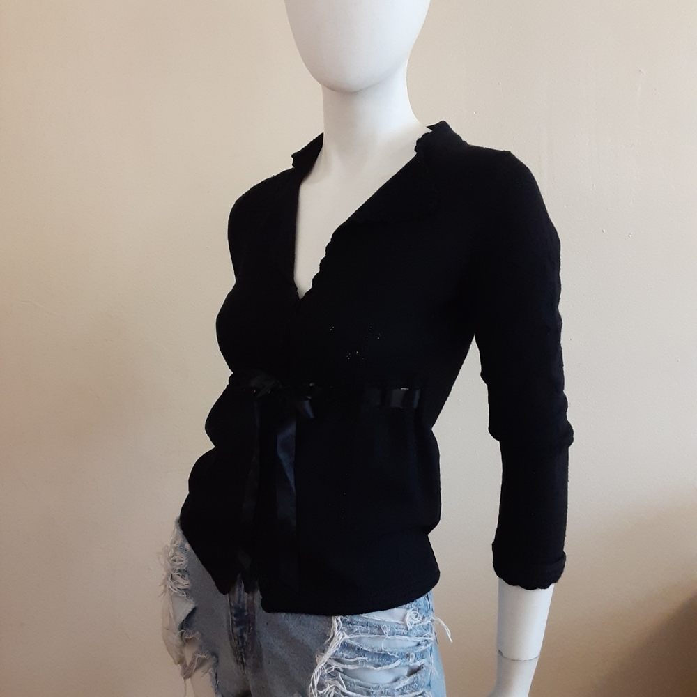 Nanette Lepore Black Knit Cardian With Satin Belt